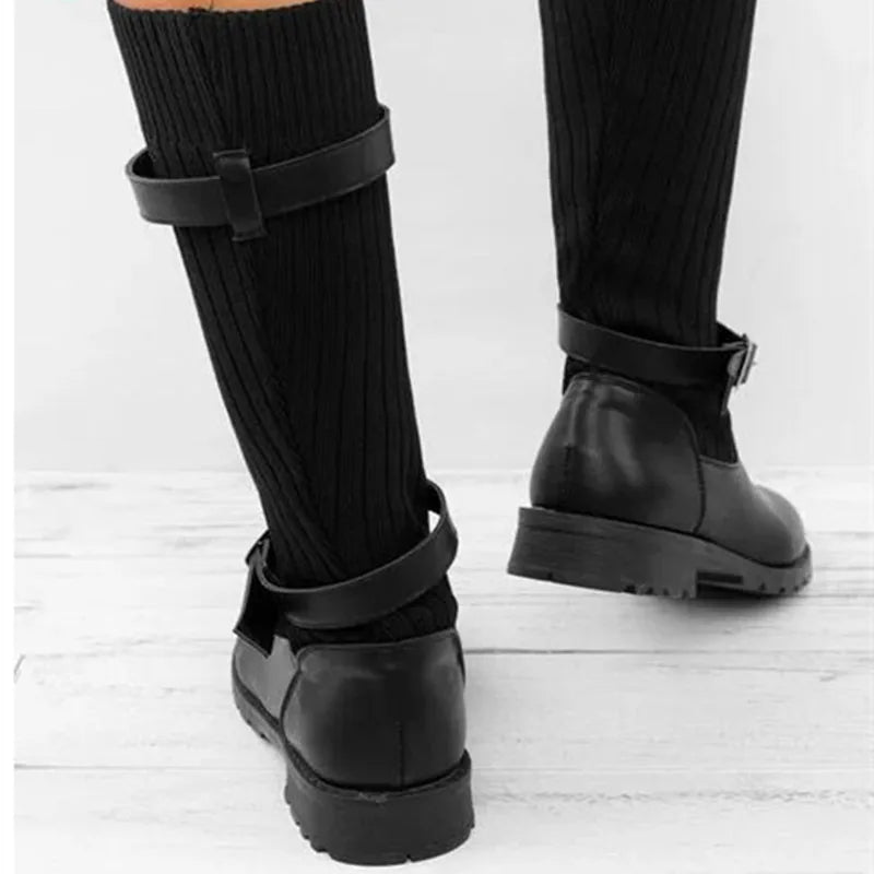 Women's Slouch Knit Cold-Weather Boots with Buckle Straps – Black