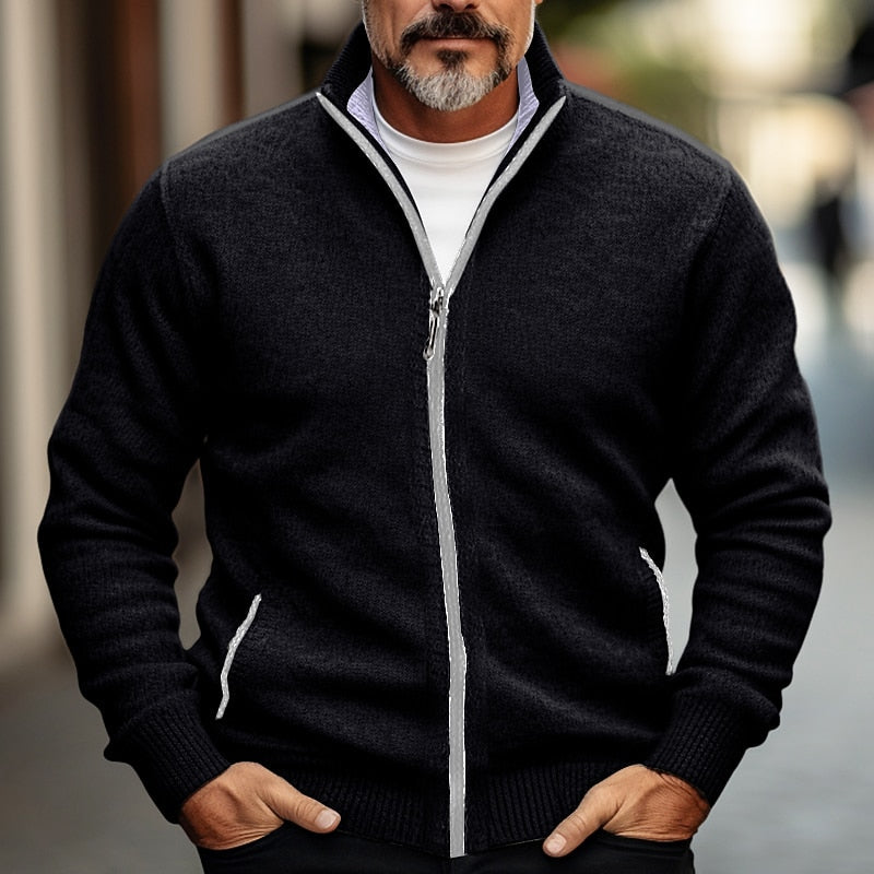 Men's Stand-Collar Zip-Front Knit Cardigan – Black