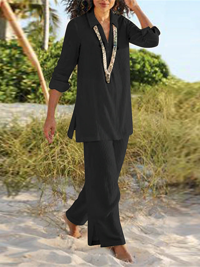 Women's V-Neckline Top and Wide-Cut Trouser Set – Black