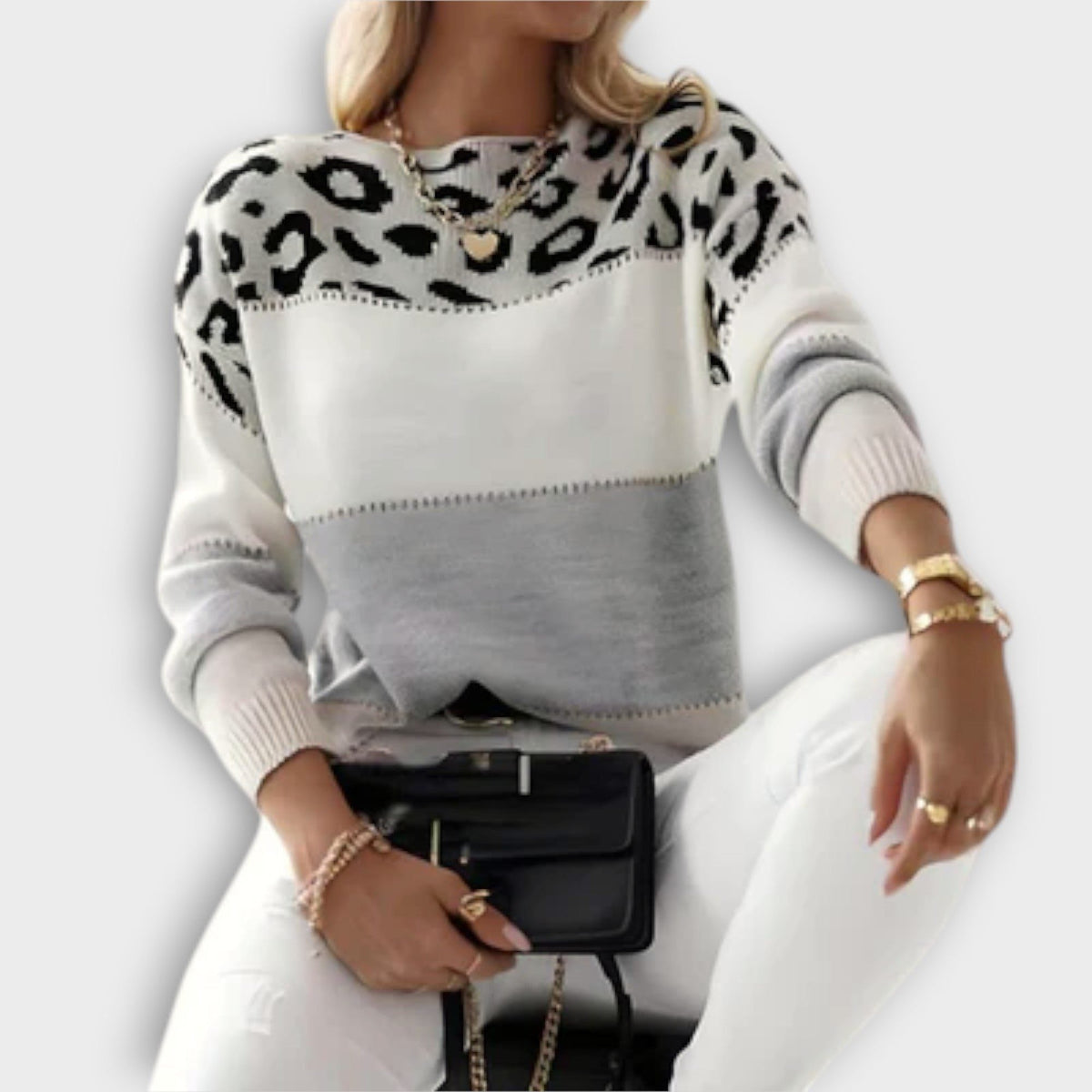 Women's Leopard Print Crewneck Knit Pullover – Gray