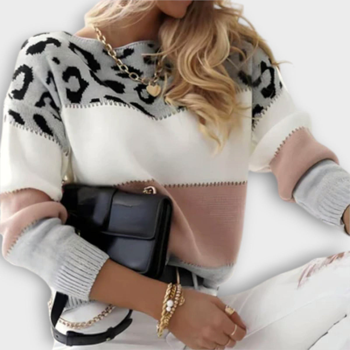 Women's Leopard Print Crewneck Knit Pullover – Pink