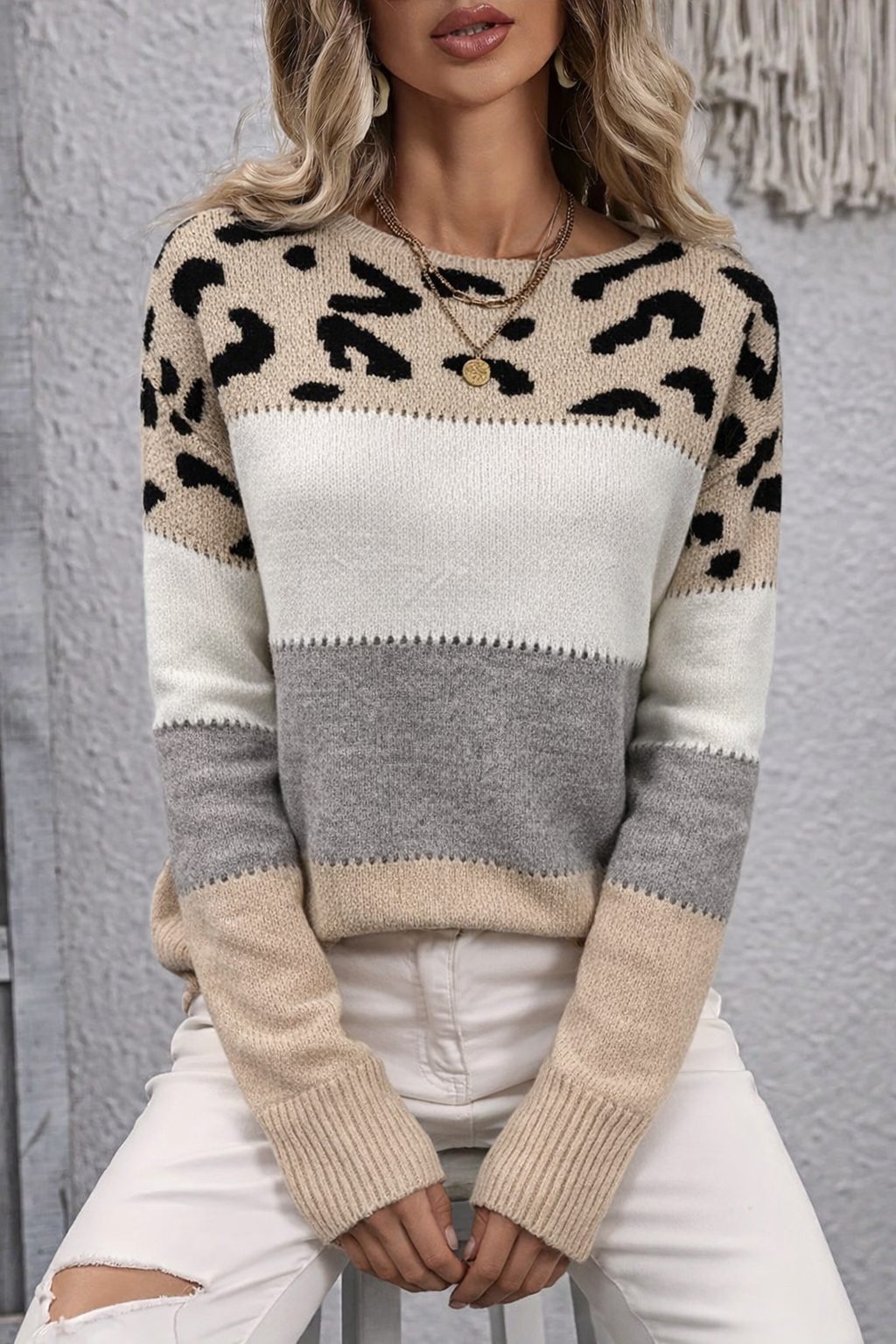 Women's Leopard Print Crewneck Knit Pullover – Beige