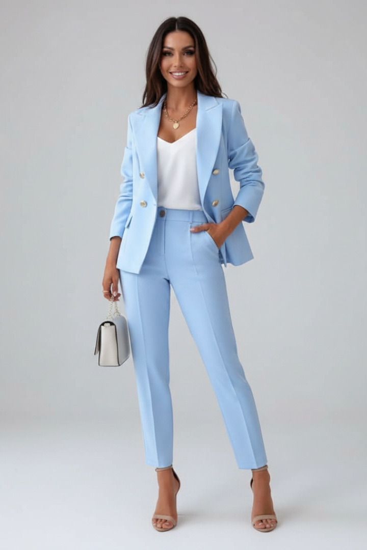 Women's Double-Breast Button Suit Set – Light Blue