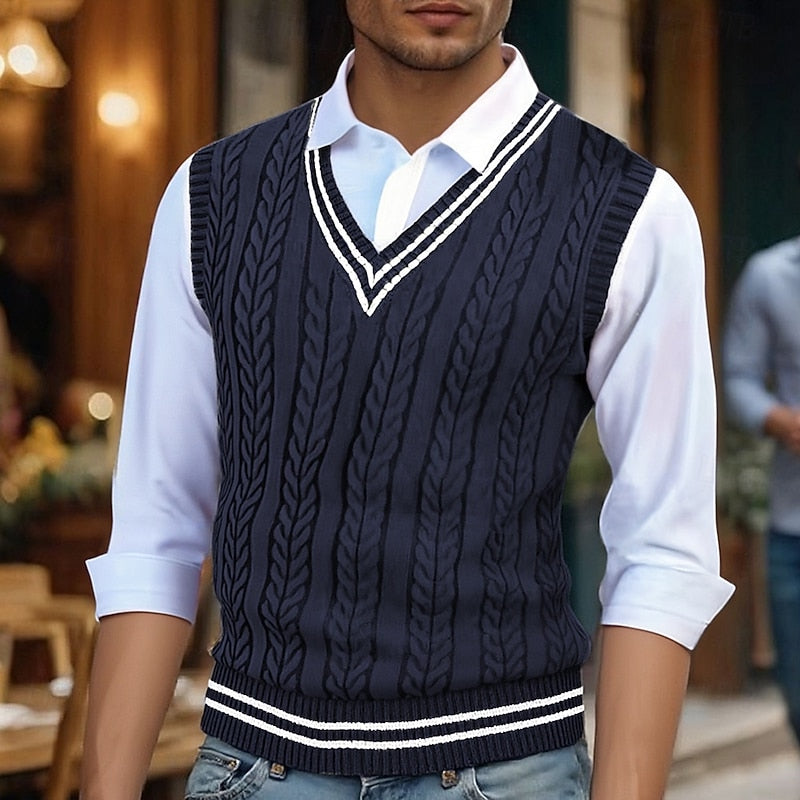 Men's Stripe-Detail Cable-Stitch V-Neckline Vest – Dark Navy