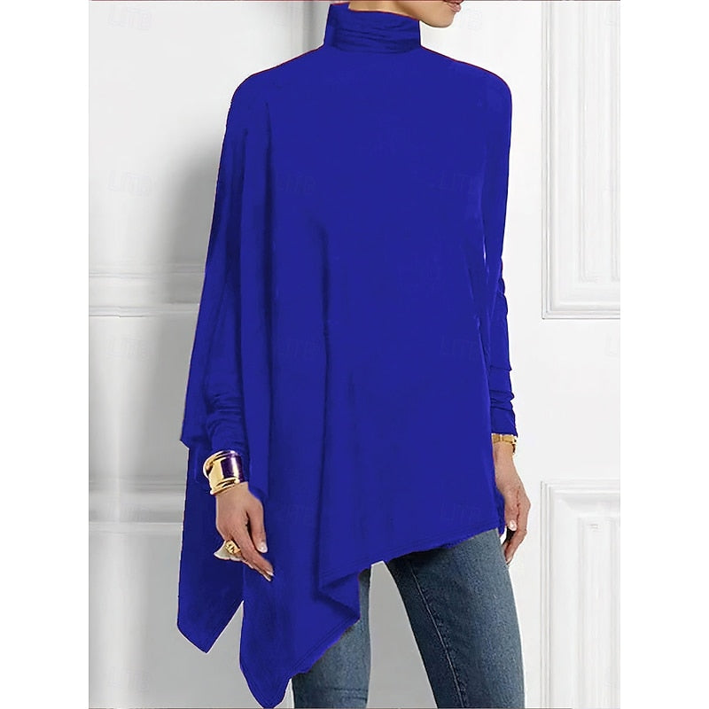 Women's Draped Asymmetric Hem Roll-Neck Knit Pullover – Blue