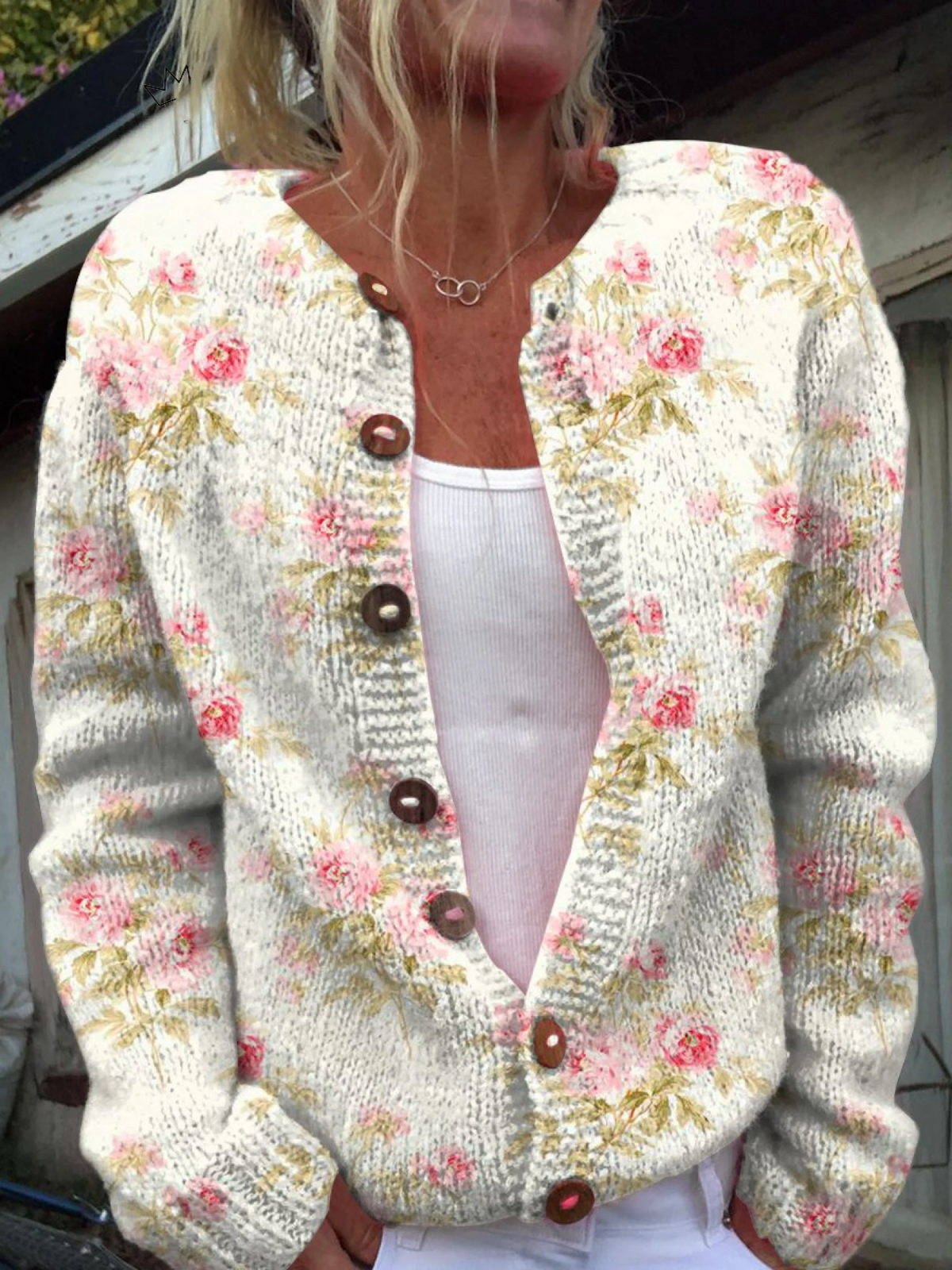 Women's Flower-Print Chunky-Knit Button-Up Knit Cardigan – view 1