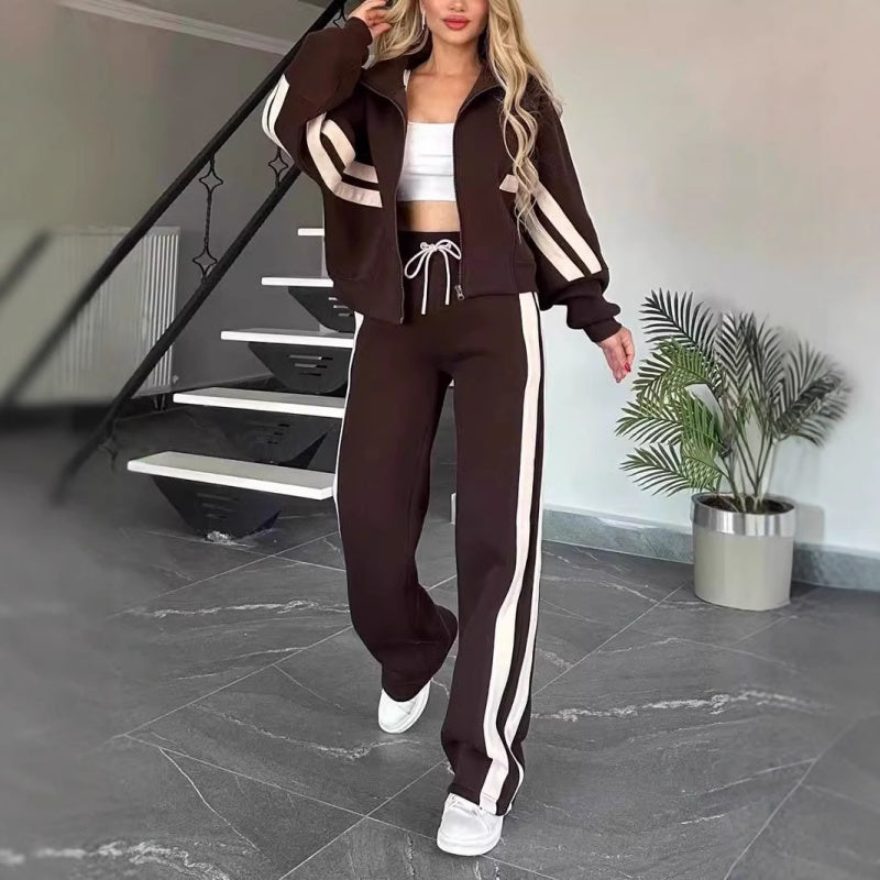 Women's Contrast Stripe Full-Zip Flared-Leg Tracksuit Set – Dark Brown