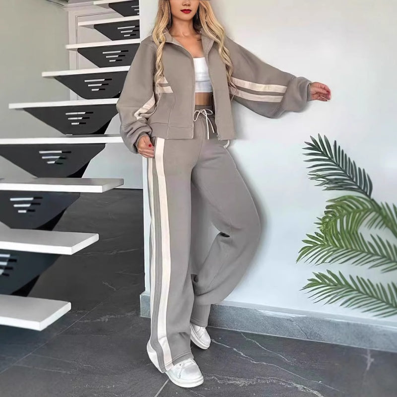 Women's Contrast Stripe Full-Zip Flared-Leg Tracksuit Set – Taupe