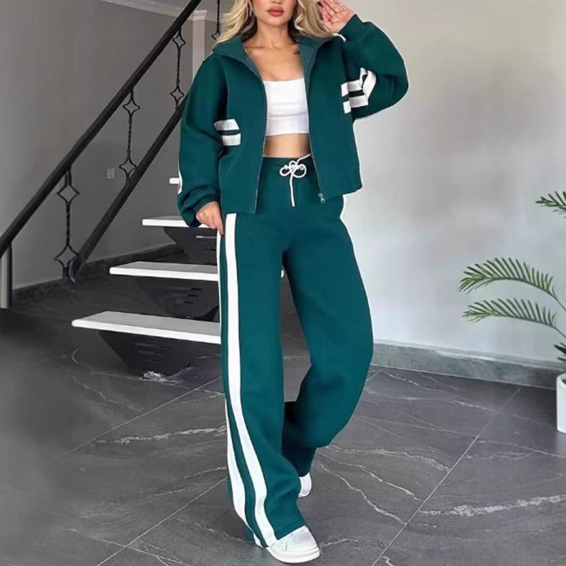 Women's Contrast Stripe Full-Zip Flared-Leg Tracksuit Set – Blue Green