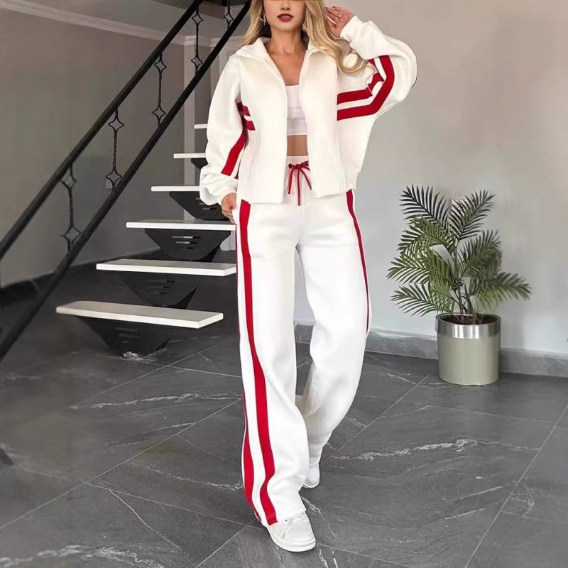 Women's Contrast Stripe Full-Zip Flared-Leg Tracksuit Set – White