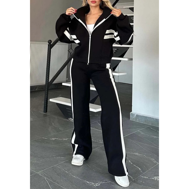 Women's Contrast Stripe Full-Zip Flared-Leg Tracksuit Set – Black