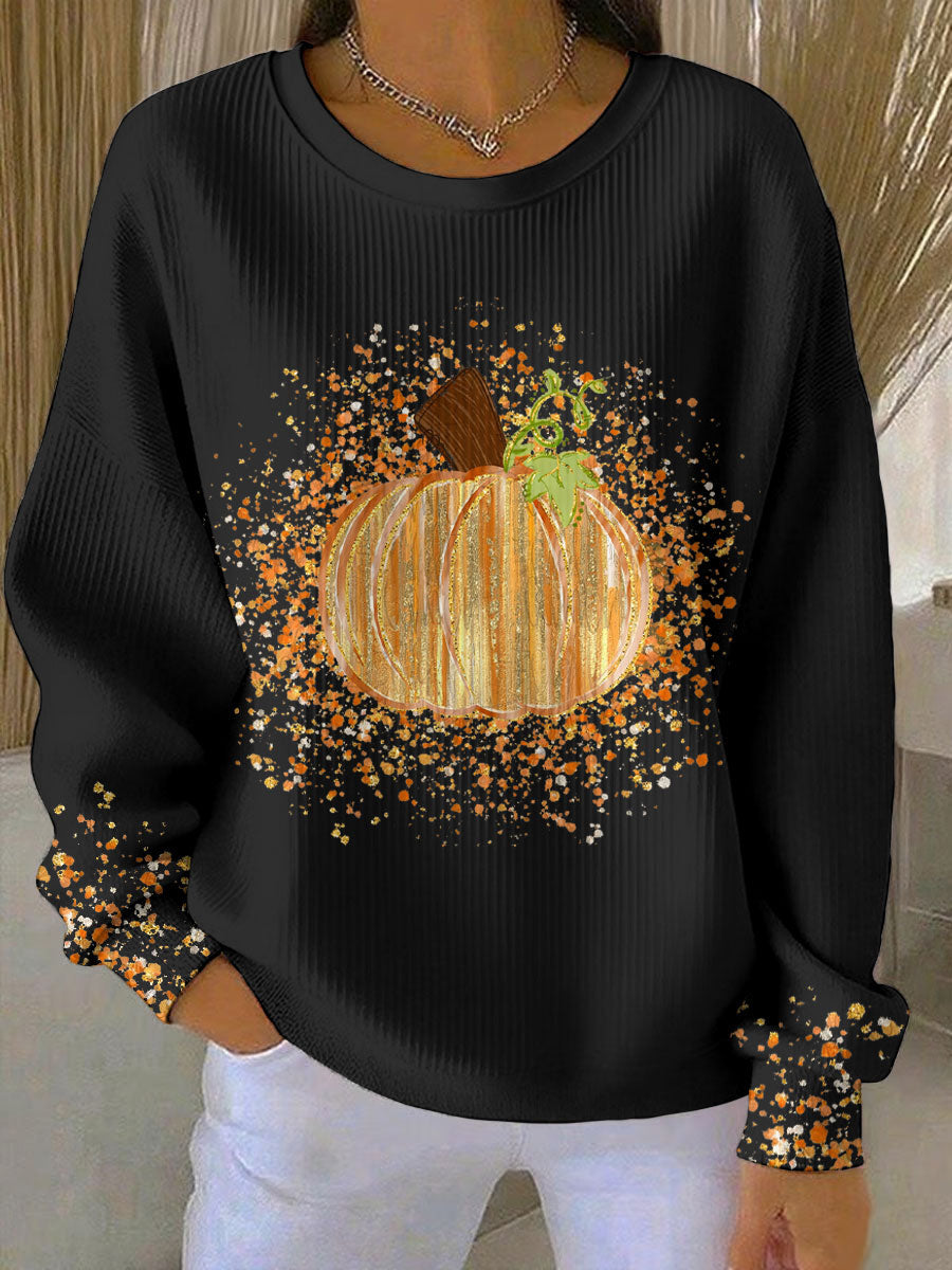 Women's Relaxed-Fit Pumpkin Art Sweatshirt for Layering – Black