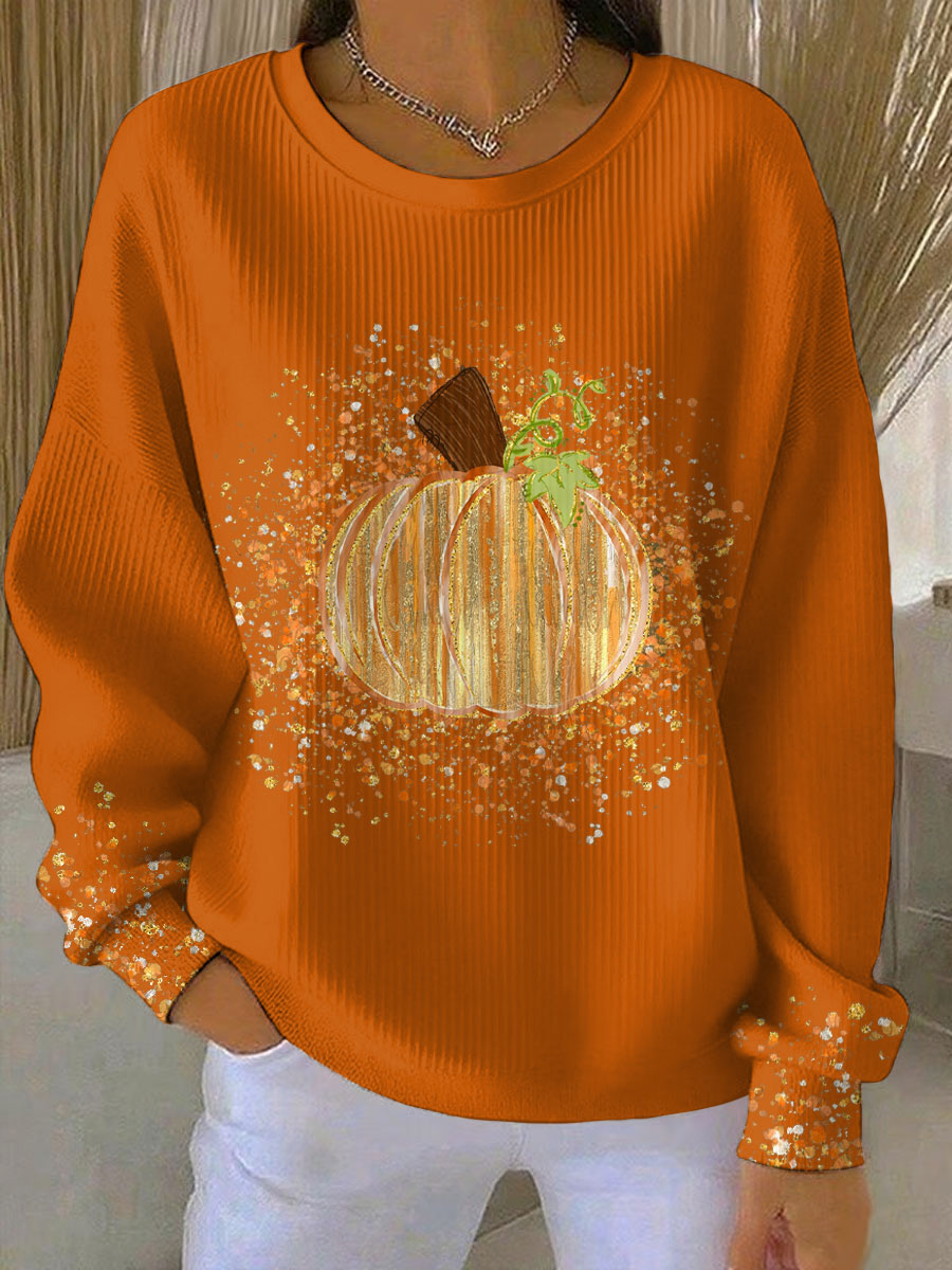Women's Relaxed-Fit Pumpkin Art Sweatshirt for Layering – Orange