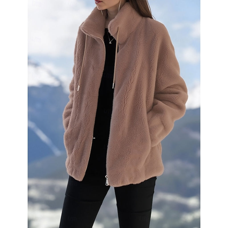 Women's Plush Zip-Front Stand Collar Coat – Khaki