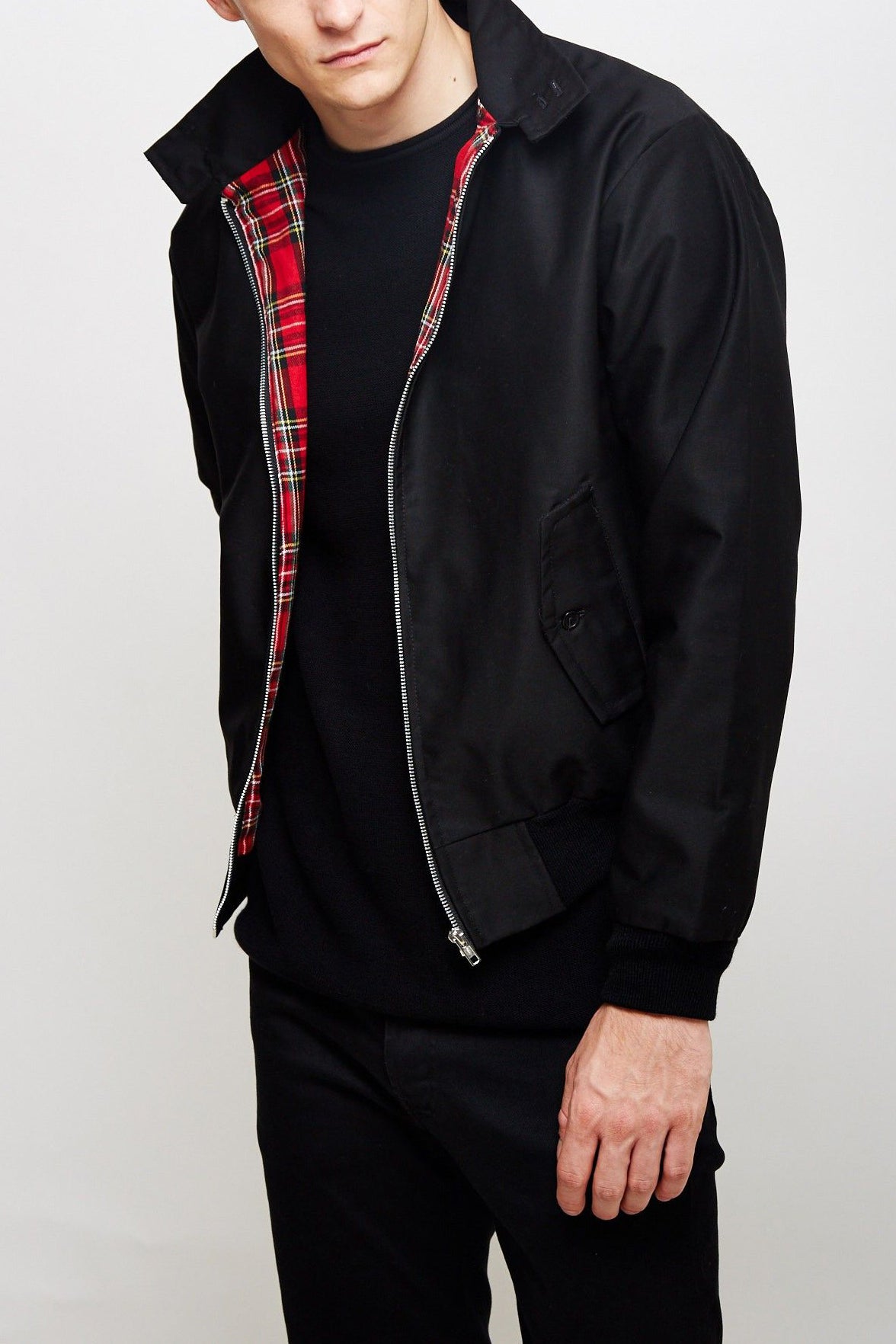 Men's Tartan-Lined Harrington Full-Zip Jacket – Black