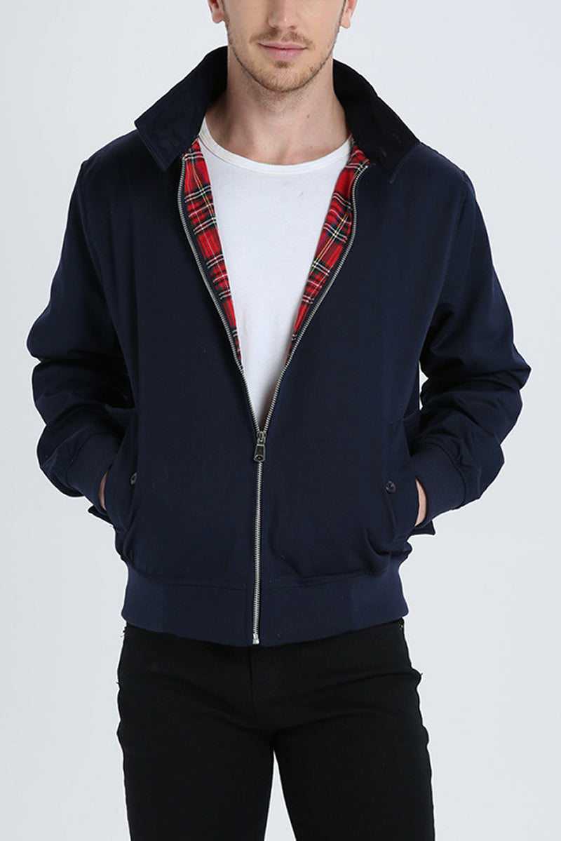 Men's Tartan-Lined Harrington Full-Zip Jacket – Navy Blue