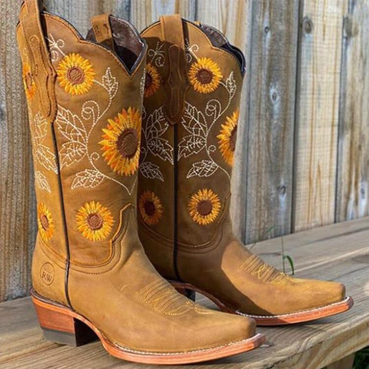 Women's Wide Calf Embroidery-Detail Western Cowboy Boots – Khaki