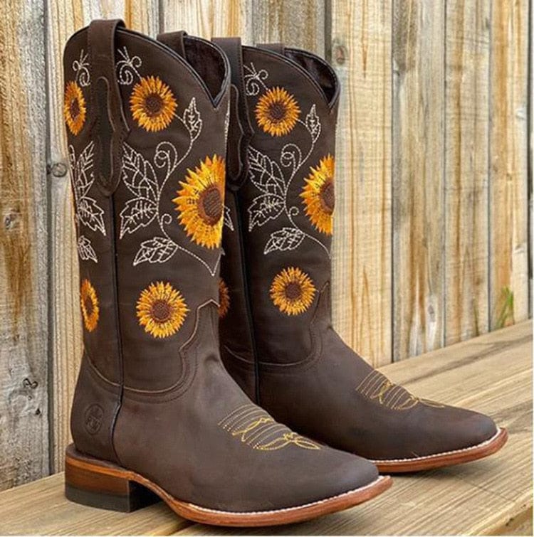 Women's Wide Calf Embroidery-Detail Western Cowboy Boots – Dark Brown