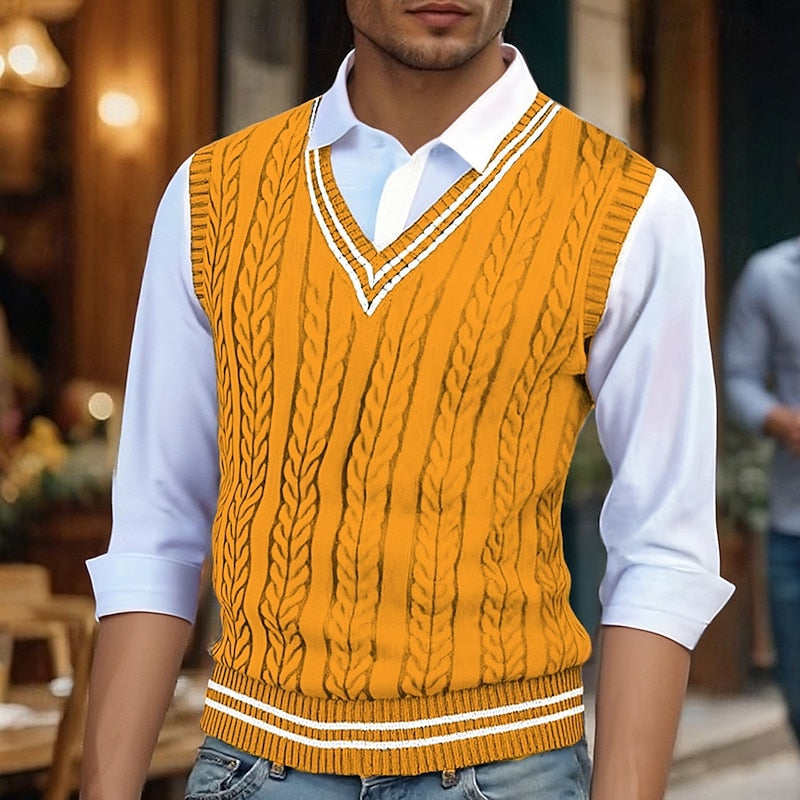 Men's Stripe-Detail Cable-Stitch V-Neckline Vest – Yellow
