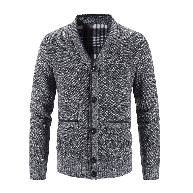 Men's Lined V-Neckline Button-Front Knit Cardigan – Dark Gray