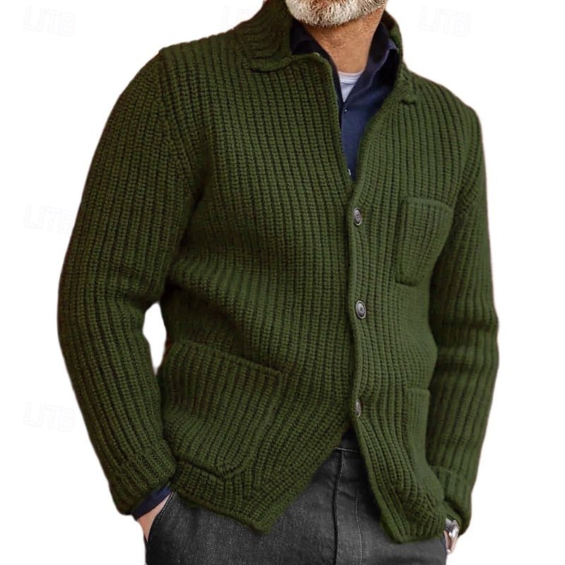 Men's Rib-Knit Stand-Collar Button Knit Cardigan with Pockets – Military Green