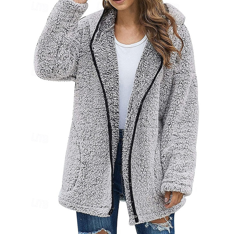 Women's Plush Hood-Detail Full-Zip Jacket – Gray