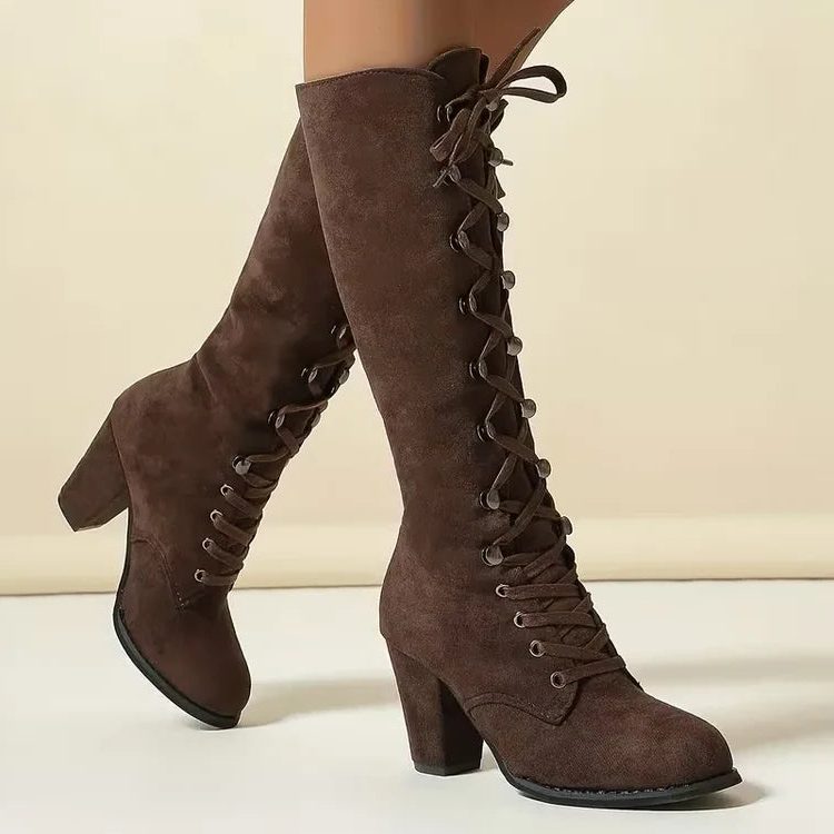 Women's Laced Suede-Finish Block-Heel Knee High Boots – Brown