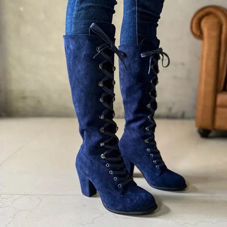 Women's Laced Suede-Finish Block-Heel Knee High Boots – Blue