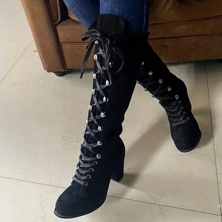Women's Laced Suede-Finish Block-Heel Knee High Boots – Black