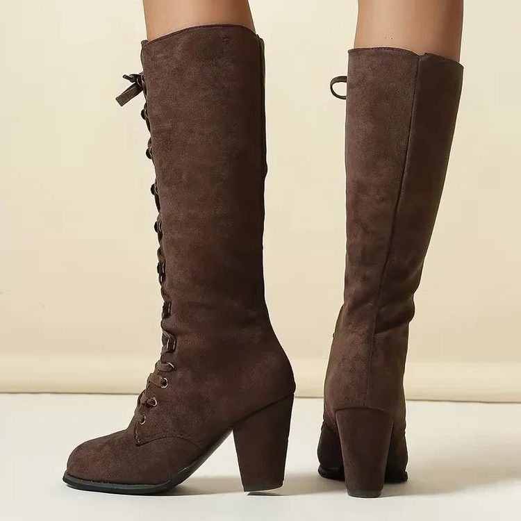 Women's Laced Suede-Finish Block-Heel Knee High Boots – view 3