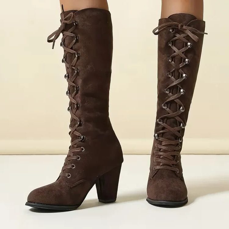 Women's Laced Suede-Finish Block-Heel Knee High Boots – view 4