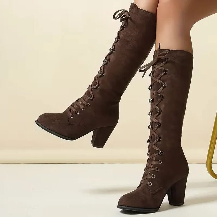 Women's Laced Suede-Finish Block-Heel Knee High Boots – view 5