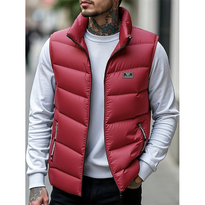 Men's Padded Puffer Vest with Stand Collar – Red