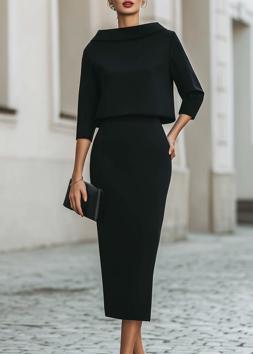 Women's Boat Neck Top Mid-Length Skirt Set – Black