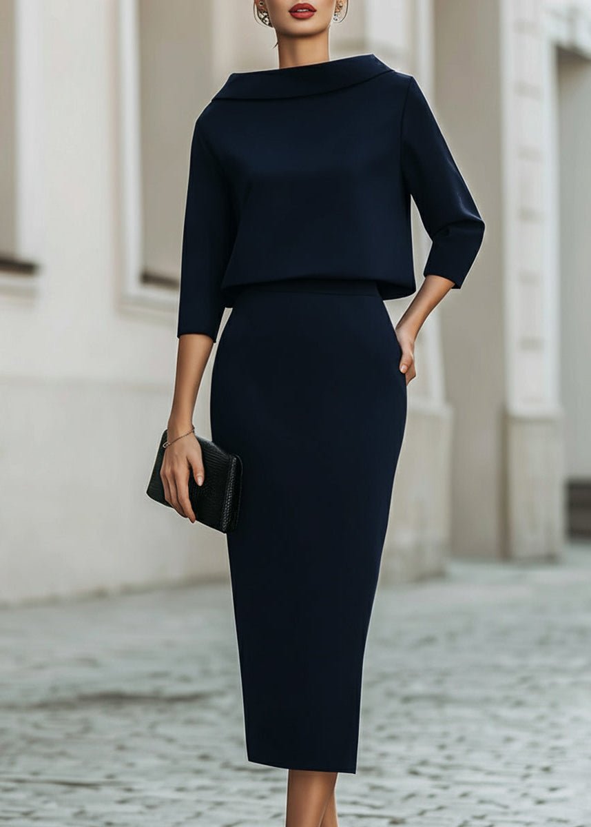 Women's Boat Neck Top Mid-Length Skirt Set – Navy Blue