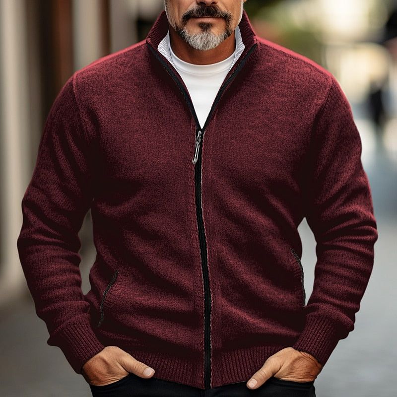 Men's Stand-Collar Zip-Front Knit Cardigan – Red