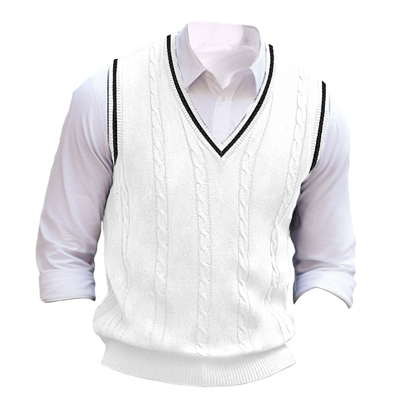 Men's Cable-Stitch V-Neckline Sweater Vest – White