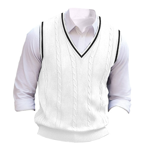 Men's Cable-Stitch V-Neckline Sweater Vest – White