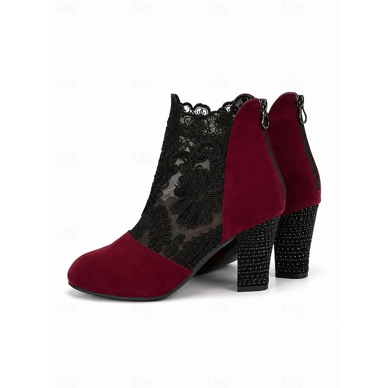 Women's Flower-Print Lace-Detail Block-Heel Booties – view 5