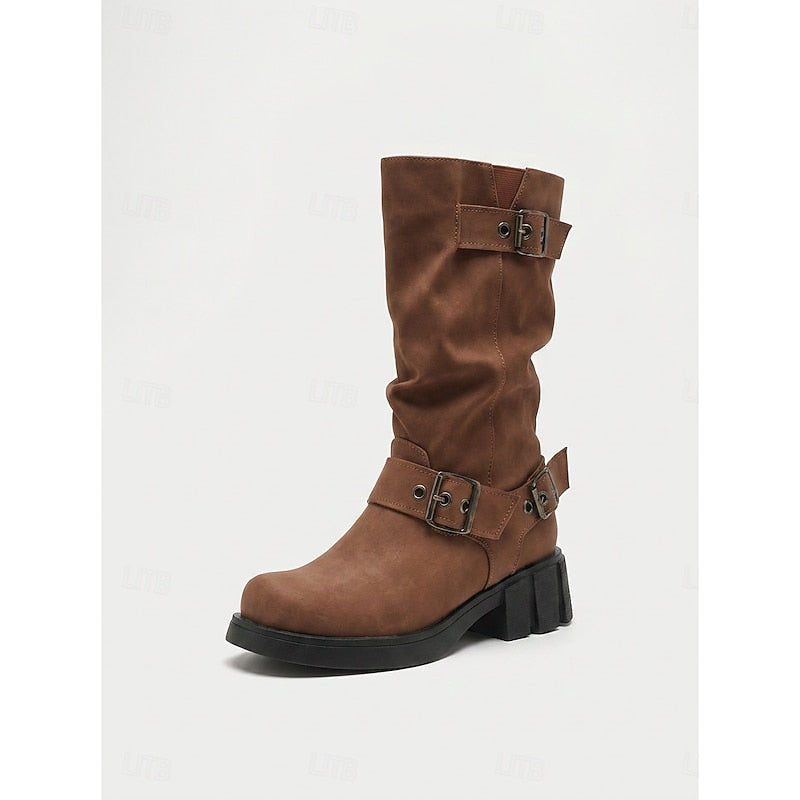 Women's Block-Heel Moto Boots – Brown