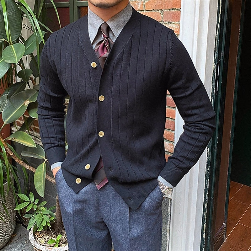 Men's Rib-Knit V-Neckline Button-Front Knit Cardigan – Black