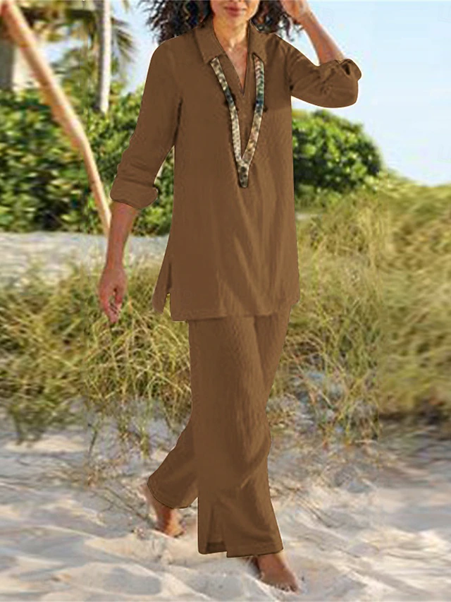Women's V-Neckline Top and Wide-Cut Trouser Set – Brown