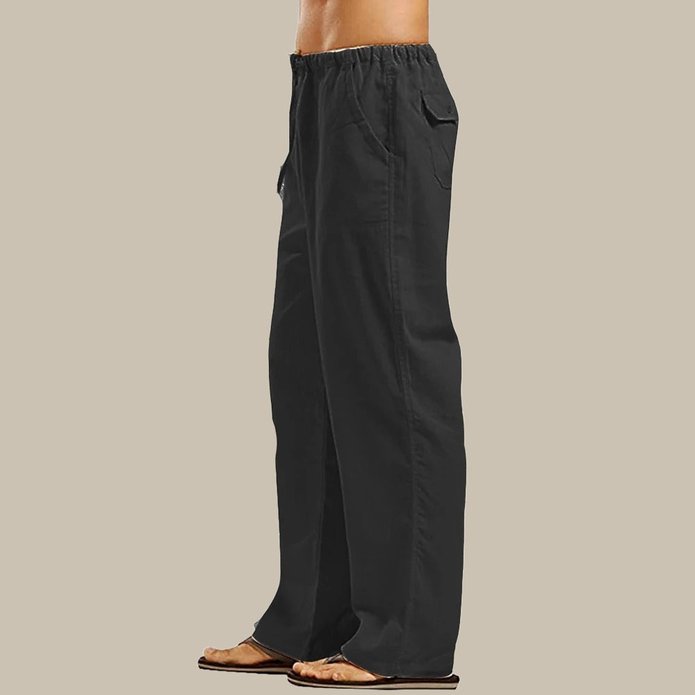 Men's Relaxed-Fit Straight-Cut Linen Pants – Black