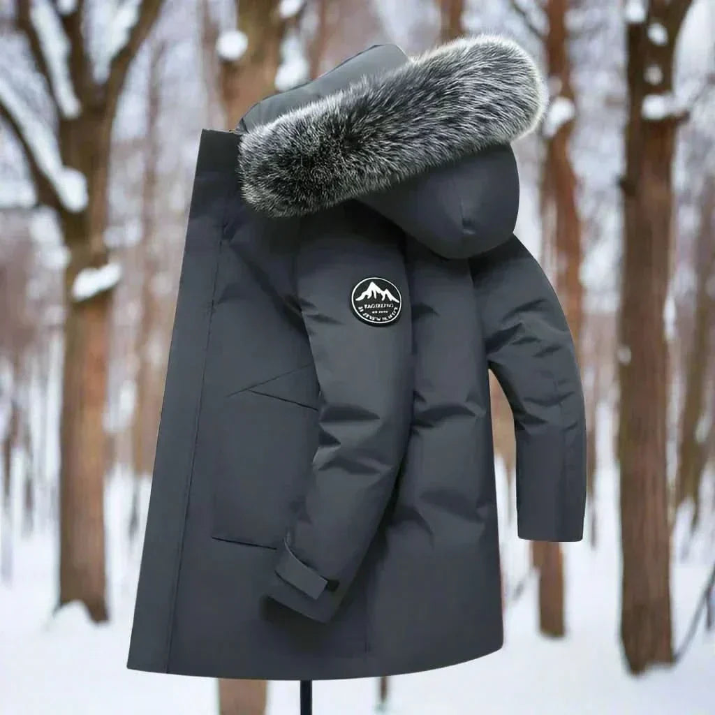 Men's Water-Repellent Long Hood-Detail Cold-Weather Parka – Dark Gray