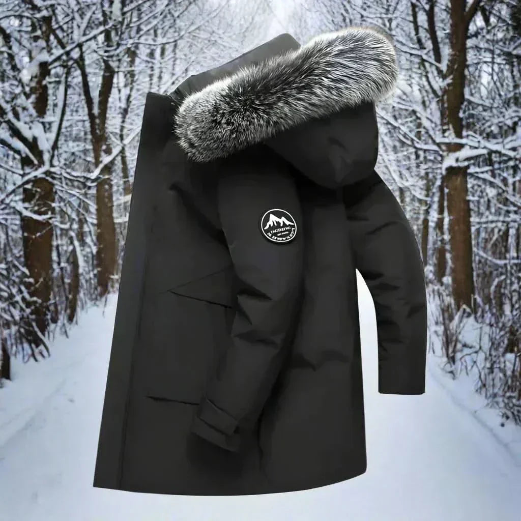 Men's Water-Repellent Long Hood-Detail Cold-Weather Parka – Black