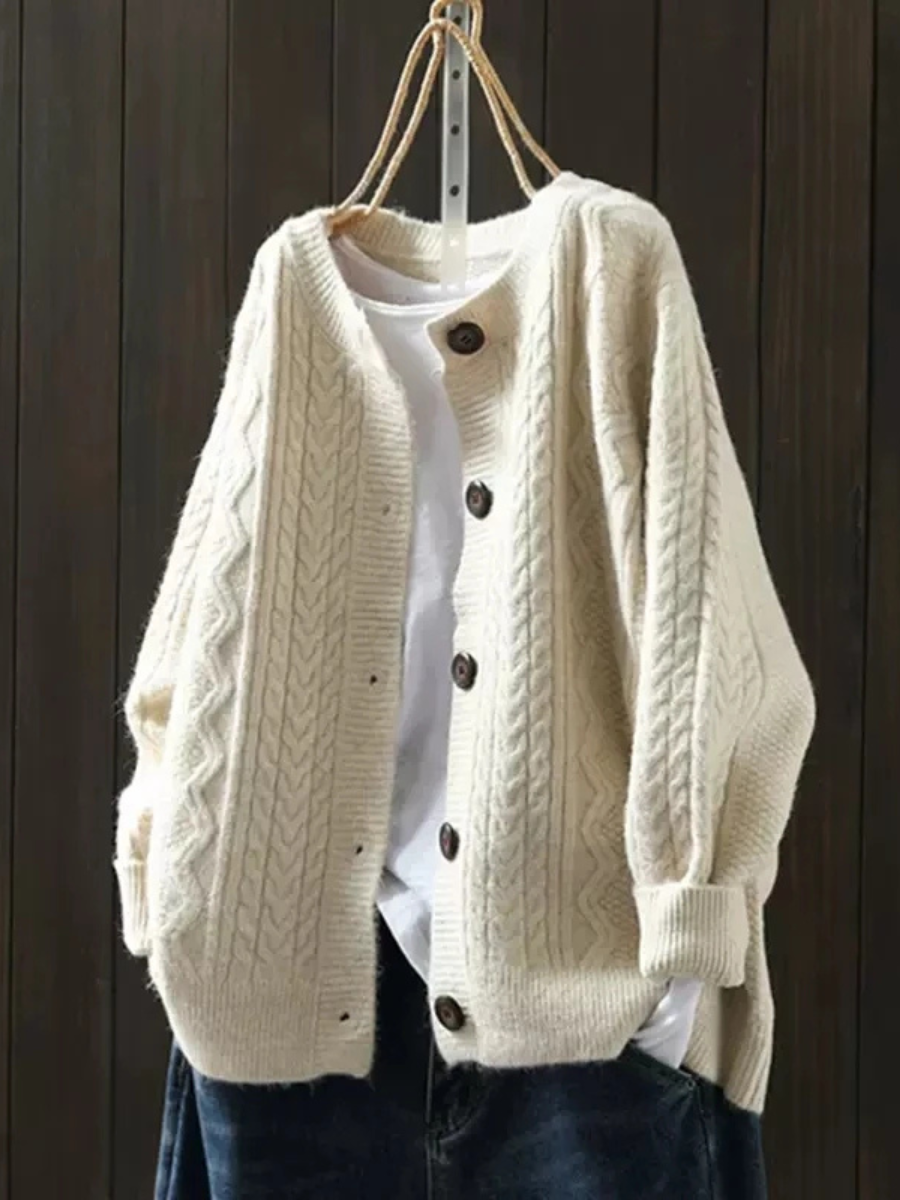 Women's Relaxed-Fit Cable-Stitch Button-Front Knit Cardigan – Beige