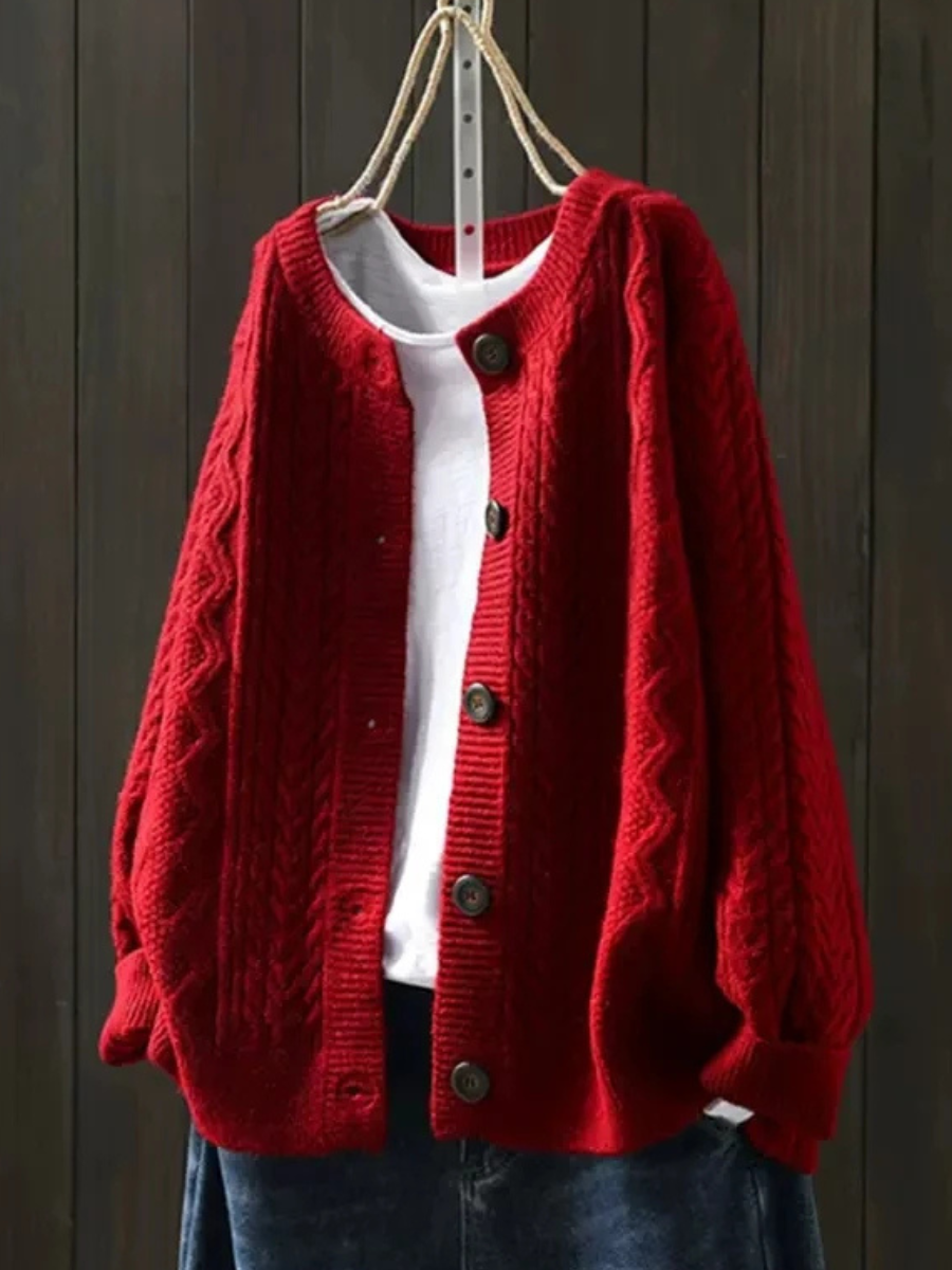 Women's Relaxed-Fit Cable-Stitch Button-Front Knit Cardigan – Red