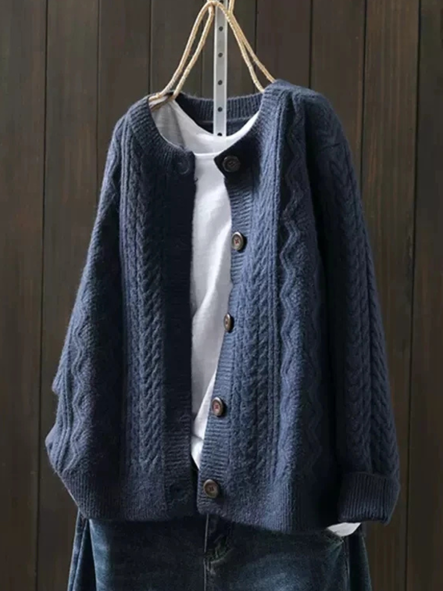 Women's Relaxed-Fit Cable-Stitch Button-Front Knit Cardigan – Navy Blue