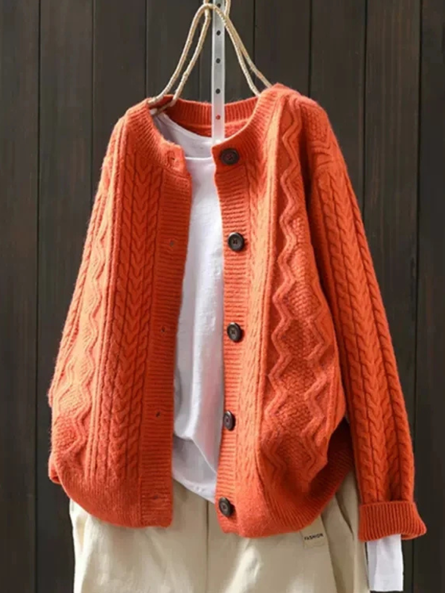 Women's Relaxed-Fit Cable-Stitch Button-Front Knit Cardigan – Orange