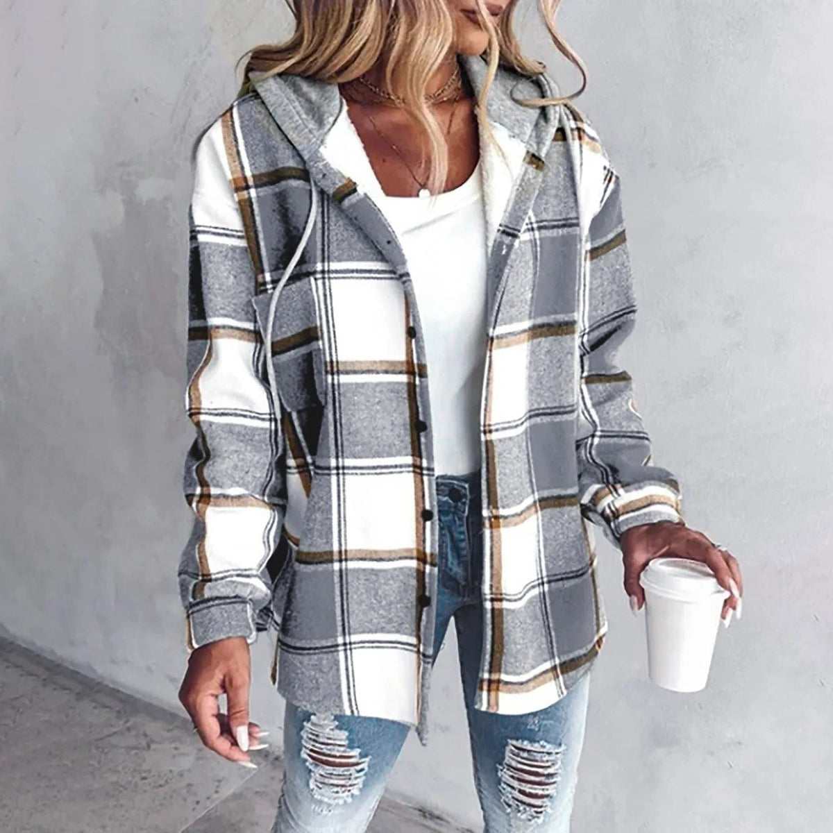 Women's Plaid Relaxed-Fit Knit Cardigan – Gray